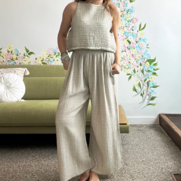 Pokoloko Crinkled Cotton Tank Top + Pants Set (One Size, Women, Dark Beige, NWT) - Picture 5 of 5